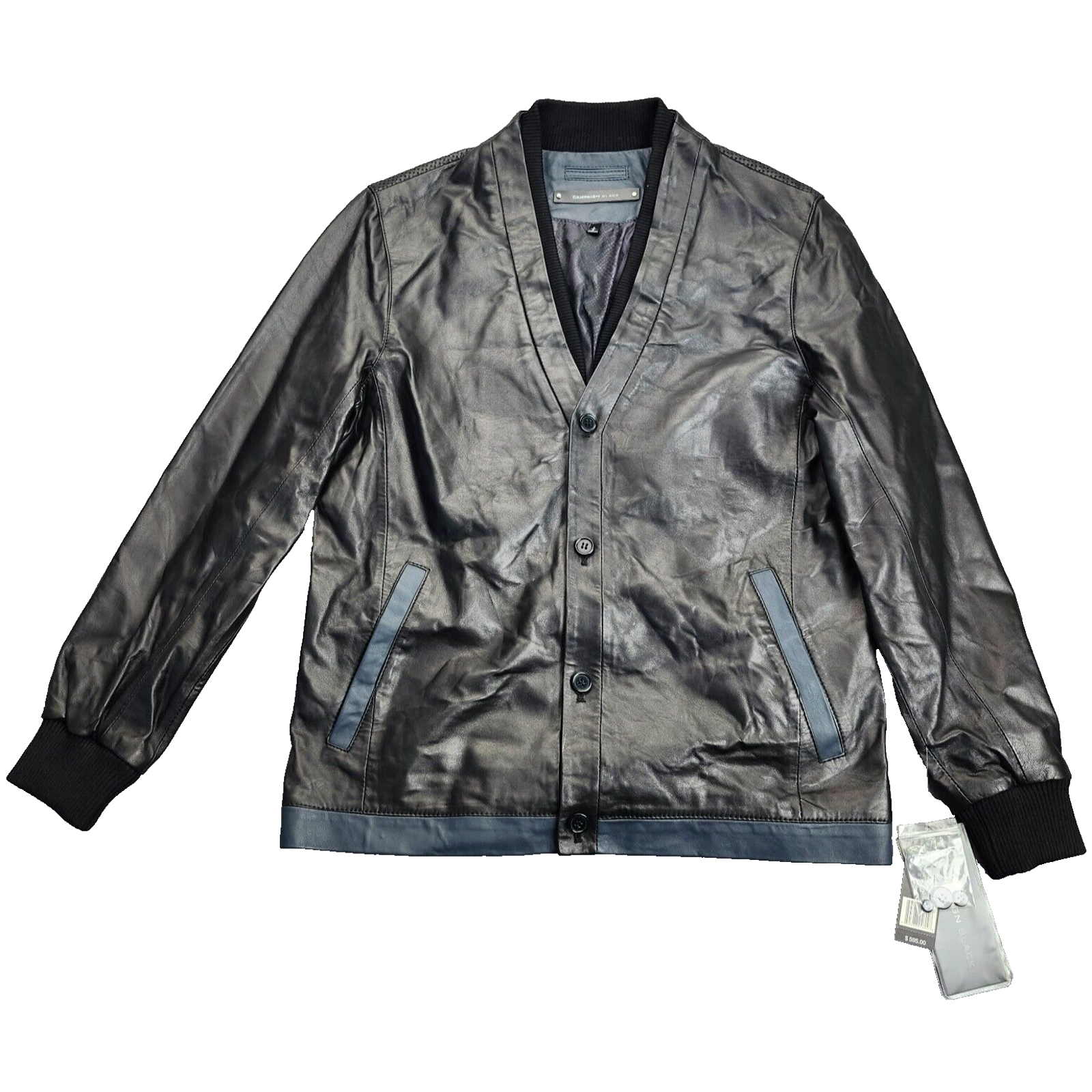 Nwt Campaign Black Black Leather Jacket With Blue Trim Style Cf4109 Size Small